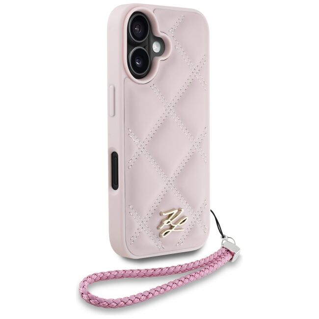 Husa pentru iPhone 16 - Karl Lagerfeld Quilted Initial Logo & Chain Strap - Pink