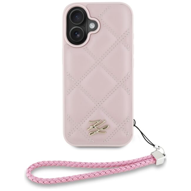 Husa pentru iPhone 16 - Karl Lagerfeld Quilted Initial Logo & Chain Strap - Pink