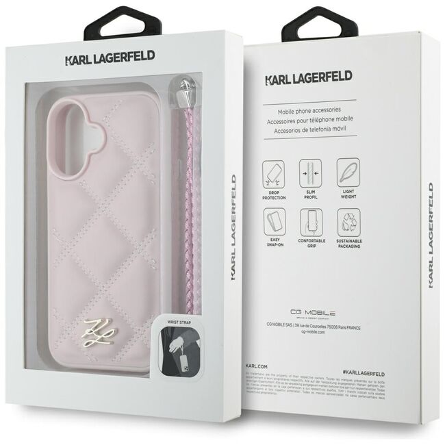 Husa pentru iPhone 16 - Karl Lagerfeld Quilted Initial Logo & Chain Strap - Pink