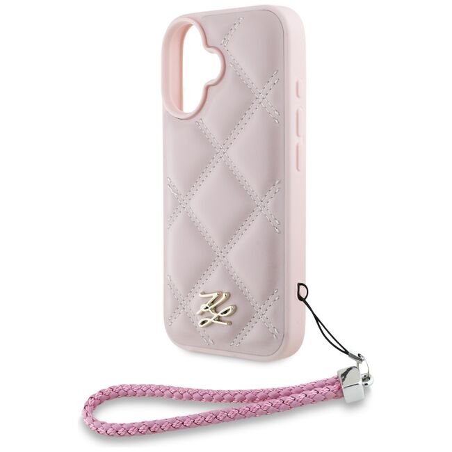 Husa pentru iPhone 16 - Karl Lagerfeld Quilted Initial Logo & Chain Strap - Pink