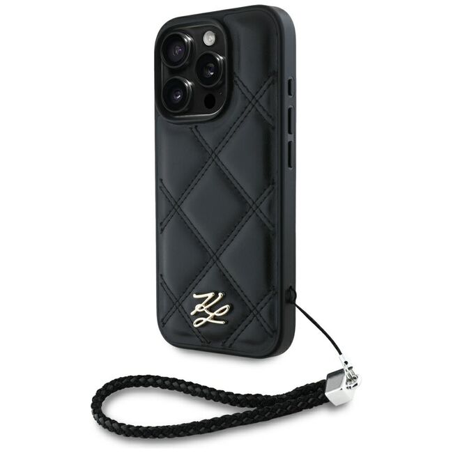 Husa pentru iPhone 16 Pro Max - Karl Lagerfeld Quilted Initial Logo & Chain Strap - Black