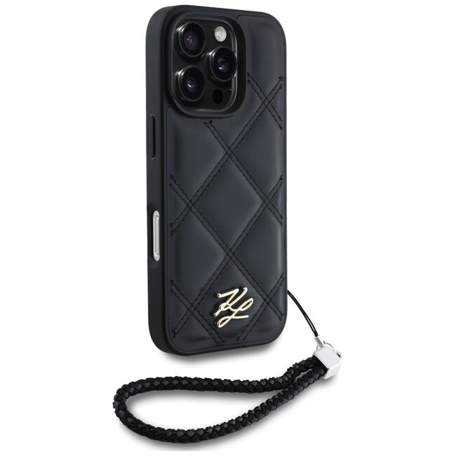 Husa pentru iPhone 16 Pro Max - Karl Lagerfeld Quilted Initial Logo & Chain Strap - Black