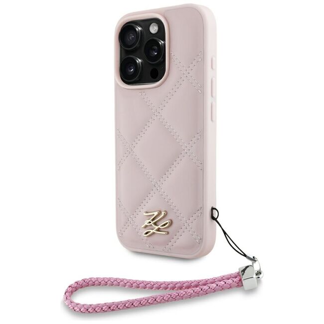 Husa pentru iPhone 16 Pro Max - Karl Lagerfeld Quilted Initial Logo & Chain Strap - Pink