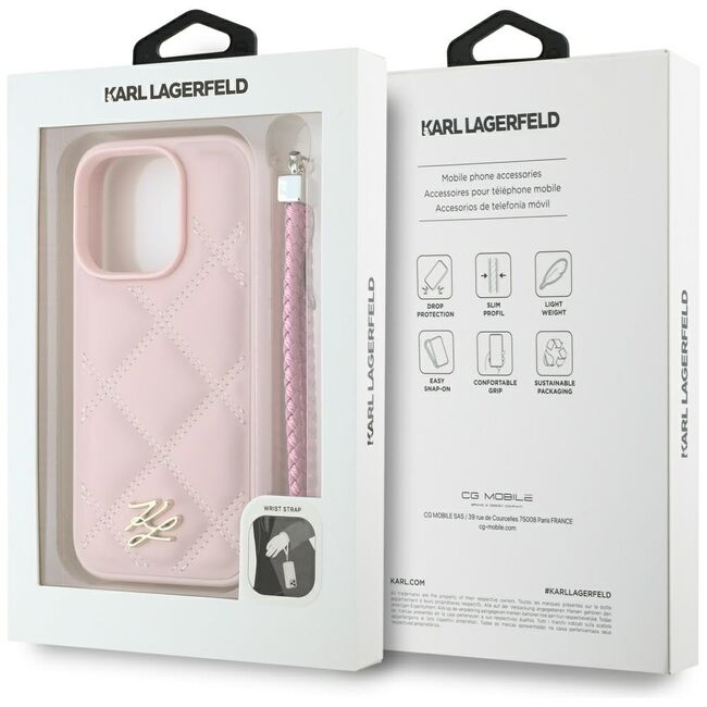 Husa pentru iPhone 16 Pro Max - Karl Lagerfeld Quilted Initial Logo & Chain Strap - Pink
