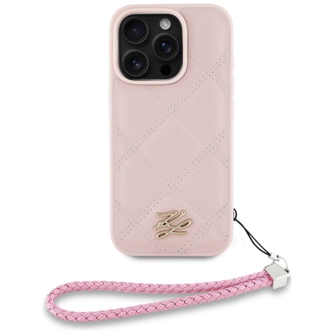 Husa pentru iPhone 16 Pro Max - Karl Lagerfeld Quilted Initial Logo & Chain Strap - Pink