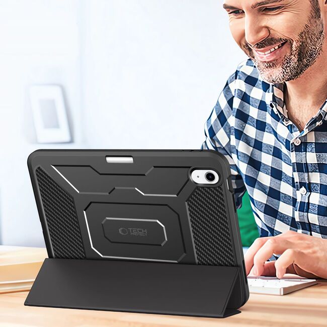 Husa FortiShield 360° cu folie de protectie integrata pentru iPad 11” (2025) – Protectie Completa, Suport Integrat, Slot Pencil, Smart Sleep - negru
