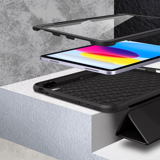Husa FortiShield 360° cu folie de protectie integrata pentru iPad 11” (2025) – Protectie Completa, Suport Integrat, Slot Pencil, Smart Sleep - negru