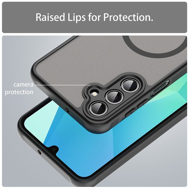 Husa pentru  Samsung Galaxy A16 cu protectie pentru lentile si MagSafe EasyCharge, Ghost Series Anti-ingalbenire, frosted - Negru