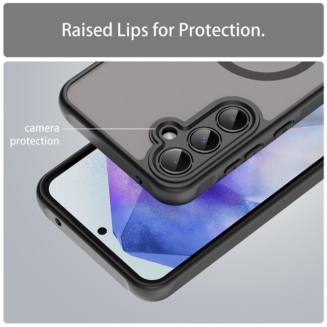 Husa pentru  Samsung Galaxy A55 cu protectie pentru lentile si MagSafe EasyCharge, Ghost Series Anti-ingalbenire, frosted - Negru