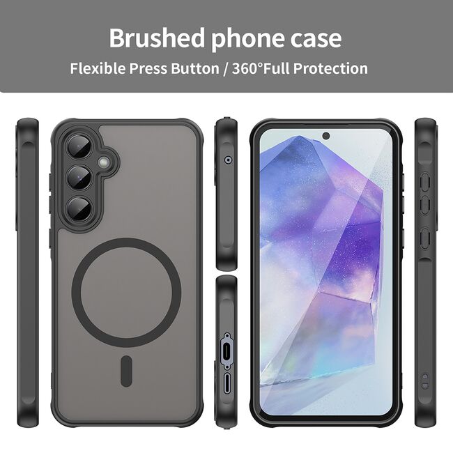 Husa pentru  Samsung Galaxy A55 cu protectie pentru lentile si MagSafe EasyCharge, Ghost Series Anti-ingalbenire, frosted - Negru