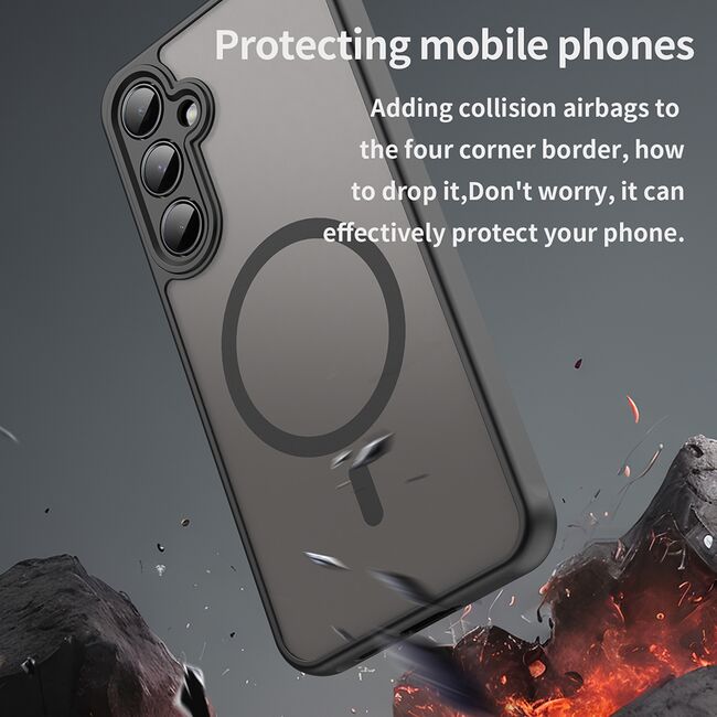 Husa pentru  Samsung Galaxy A55 cu protectie pentru lentile si MagSafe EasyCharge, Ghost Series Anti-ingalbenire, frosted - Negru