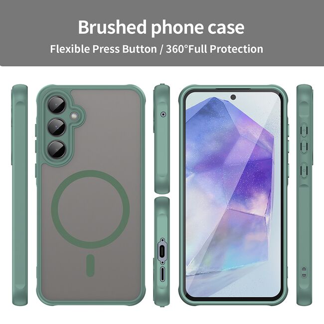 Husa pentru  Samsung Galaxy A55 cu protectie pentru lentile si MagSafe EasyCharge, Ghost Series Anti-ingalbenire, frosted - Verde