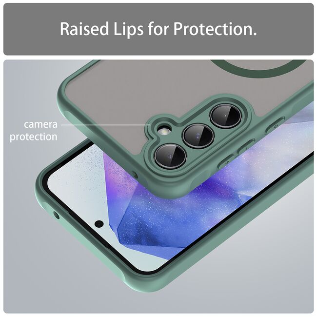 Husa pentru  Samsung Galaxy A55 cu protectie pentru lentile si MagSafe EasyCharge, Ghost Series Anti-ingalbenire, frosted - Verde