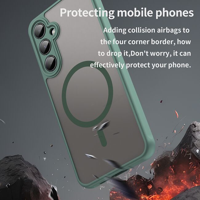 Husa pentru  Samsung Galaxy A55 cu protectie pentru lentile si MagSafe EasyCharge, Ghost Series Anti-ingalbenire, frosted - Verde