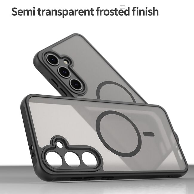 Husa pentru  Samsung Galaxy S24 FE cu protectie pentru lentile si MagSafe EasyCharge, Ghost Series Anti-ingalbenire, frosted - Negru