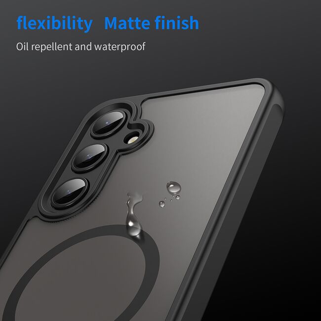 Husa pentru  Samsung Galaxy S24 FE cu protectie pentru lentile si MagSafe EasyCharge, Ghost Series Anti-ingalbenire, frosted - Negru