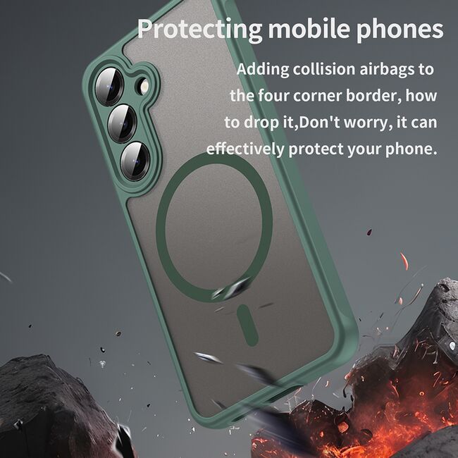 Husa pentru  Samsung Galaxy S24 cu protectie pentru lentile si MagSafe EasyCharge, Ghost Series Anti-ingalbenire, frosted - Verde