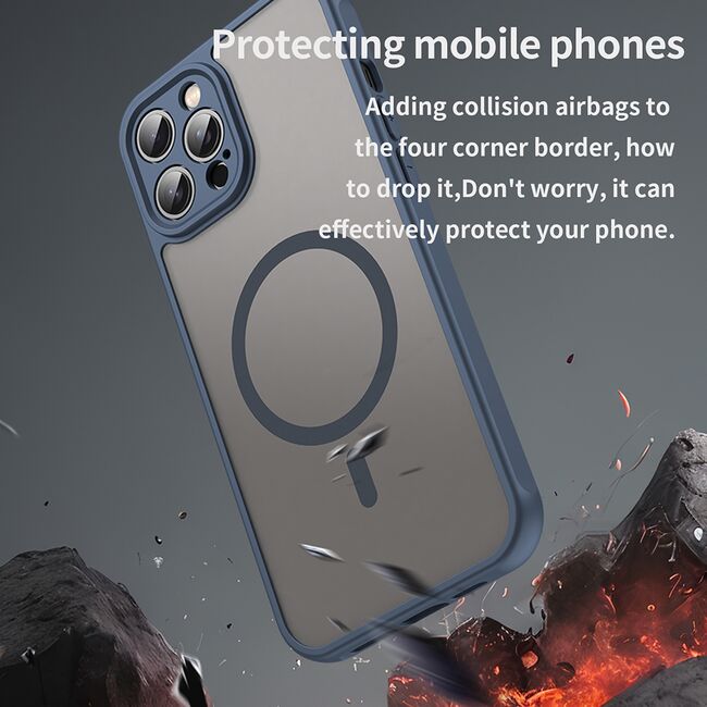 Husa pentru  iPhone 12 Pro Max cu protectie pentru lentile si MagSafe EasyCharge, Ghost Series Anti-ingalbenire, frosted - Albastru