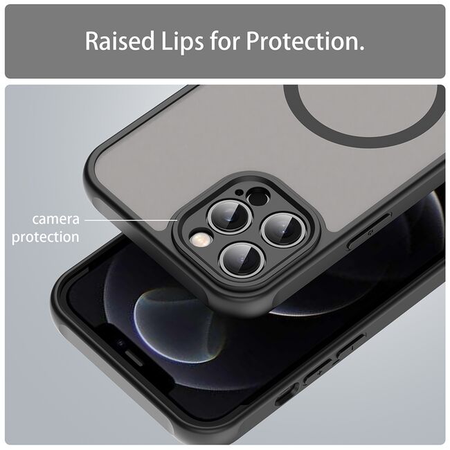 Husa pentru  iPhone 12 Pro Max cu protectie pentru lentile si MagSafe EasyCharge, Ghost Series Anti-ingalbenire, frosted - Negru