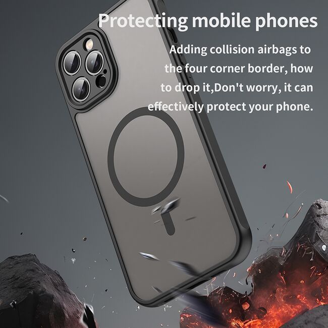 Husa pentru  iPhone 12 Pro Max cu protectie pentru lentile si MagSafe EasyCharge, Ghost Series Anti-ingalbenire, frosted - Negru