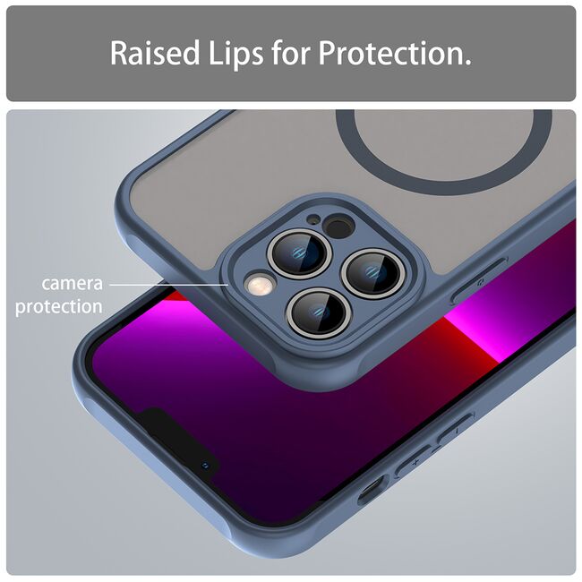 Husa pentru  iPhone 13 Pro Max cu protectie pentru lentile si MagSafe EasyCharge, Ghost Series Anti-ingalbenire, frosted - Albastru