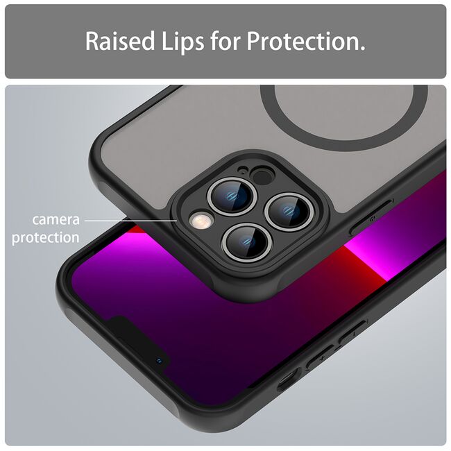 Husa pentru  iPhone 13 Pro Max cu protectie pentru lentile si MagSafe EasyCharge, Ghost Series Anti-ingalbenire, frosted - Negru