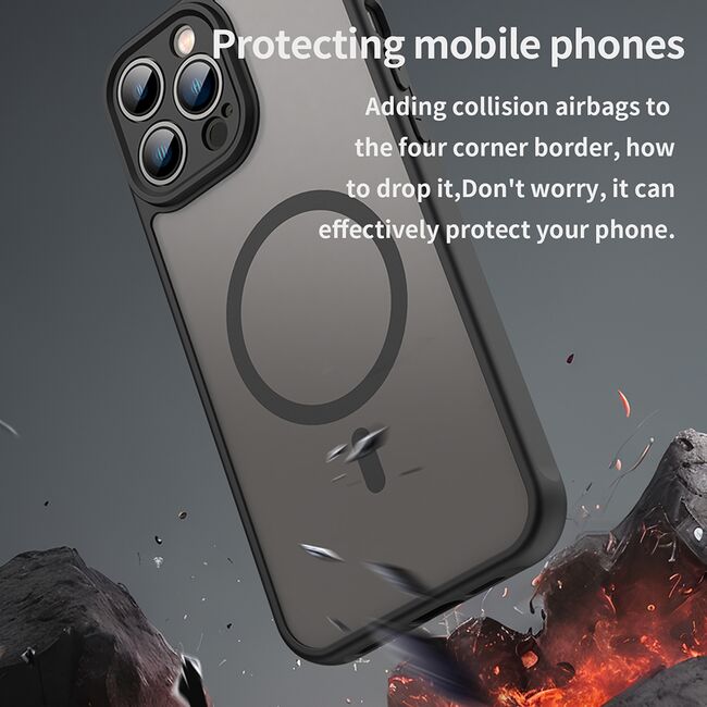 Husa pentru  iPhone 13 Pro Max cu protectie pentru lentile si MagSafe EasyCharge, Ghost Series Anti-ingalbenire, frosted - Negru