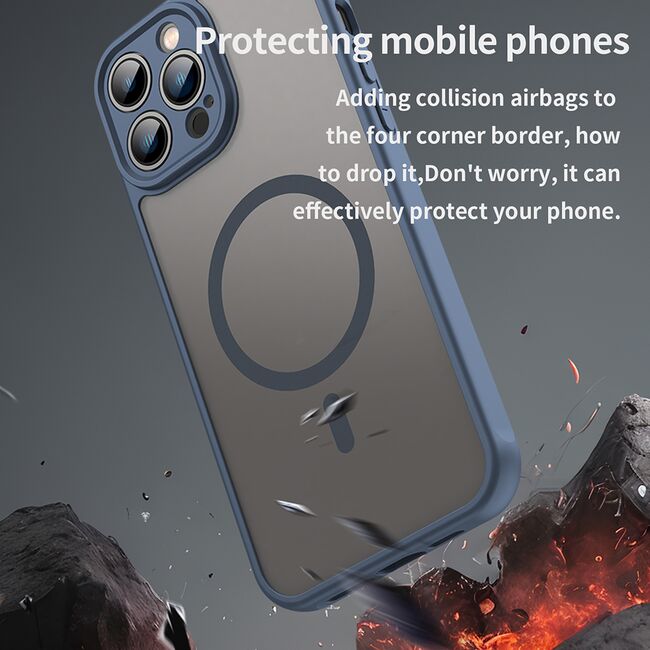 Husa pentru  iPhone 13 Pro cu protectie pentru lentile si MagSafe EasyCharge, Ghost Series Anti-ingalbenire, frosted - Albastru