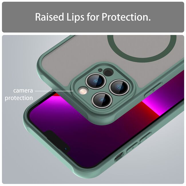 Husa pentru  iPhone 13 Pro cu protectie pentru lentile si MagSafe EasyCharge, Ghost Series Anti-ingalbenire, frosted - Verde