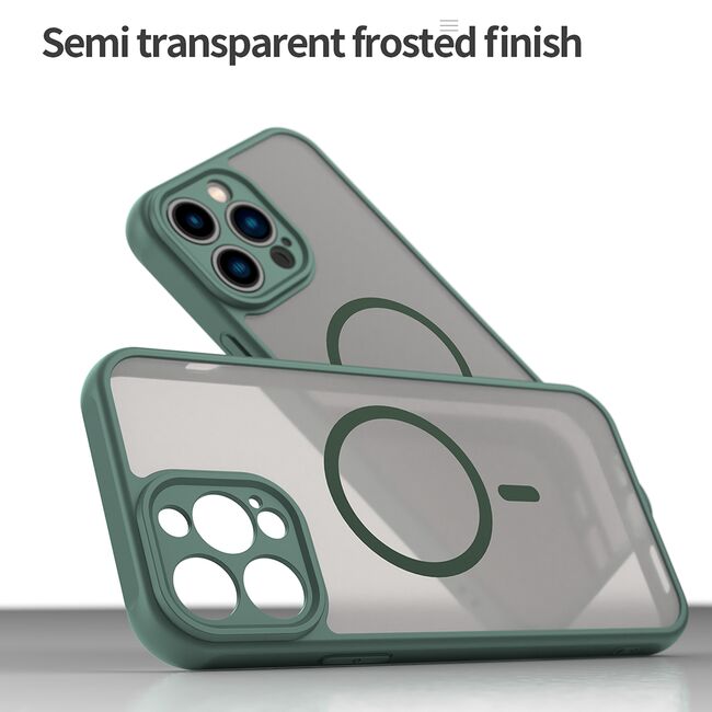 Husa pentru  iPhone 13 Pro cu protectie pentru lentile si MagSafe EasyCharge, Ghost Series Anti-ingalbenire, frosted - Verde