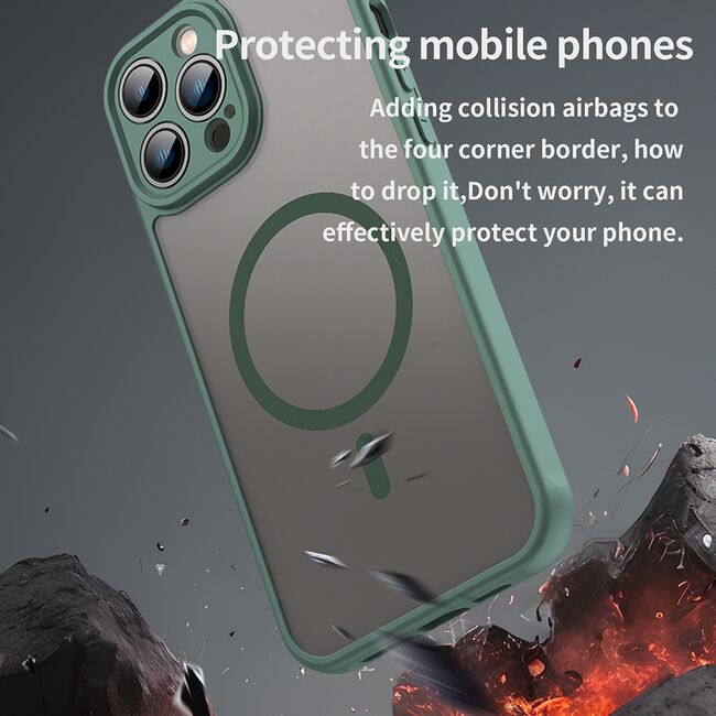 Husa pentru  iPhone 13 Pro cu protectie pentru lentile si MagSafe EasyCharge, Ghost Series Anti-ingalbenire, frosted - Verde