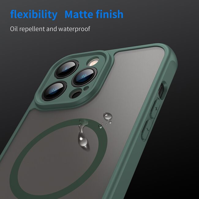 Husa pentru  iPhone 13 Pro cu protectie pentru lentile si MagSafe EasyCharge, Ghost Series Anti-ingalbenire, frosted - Verde