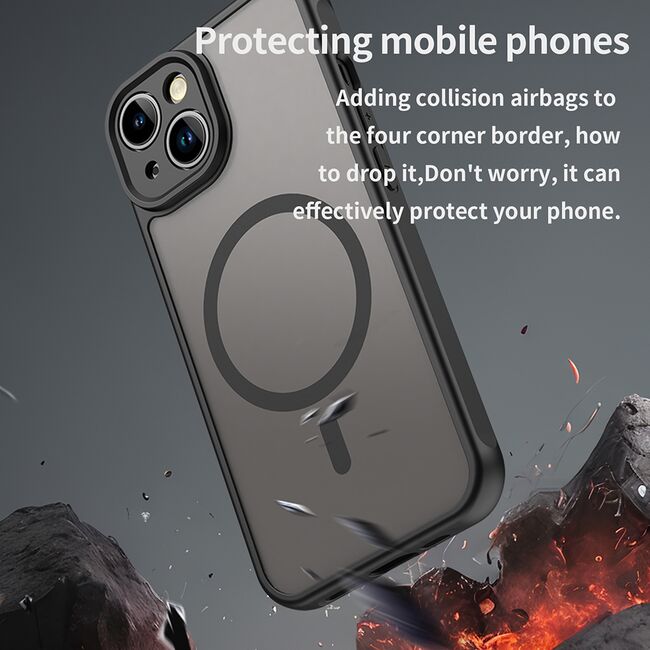 Husa pentru  iPhone 13 cu protectie pentru lentile si MagSafe EasyCharge, Ghost Series Anti-ingalbenire, frosted - Negru
