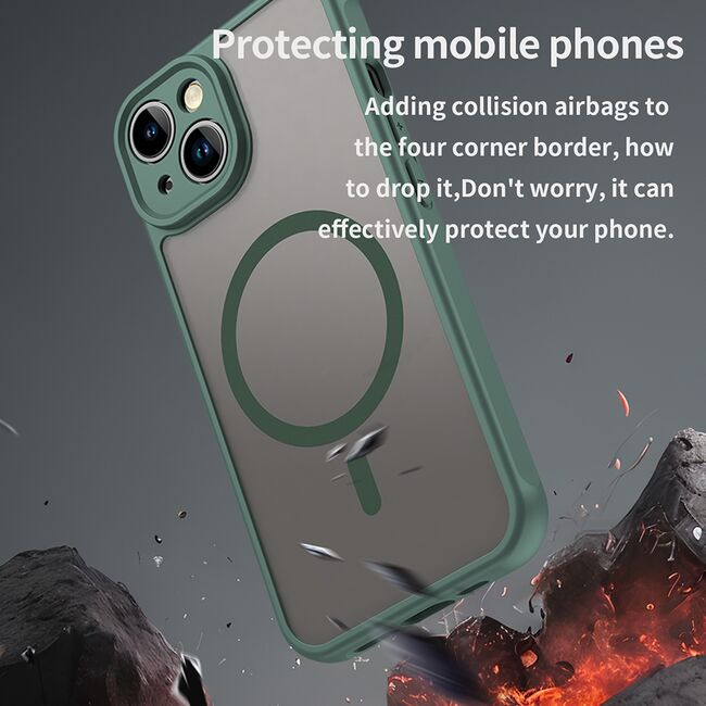 Husa pentru  iPhone 13 cu protectie pentru lentile si MagSafe EasyCharge, Ghost Series Anti-ingalbenire, frosted - Verde
