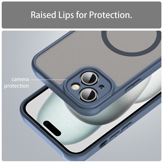 Husa pentru  iPhone 14 Plus cu protectie pentru lentile si MagSafe EasyCharge, Ghost Series Anti-ingalbenire, frosted - Albastru