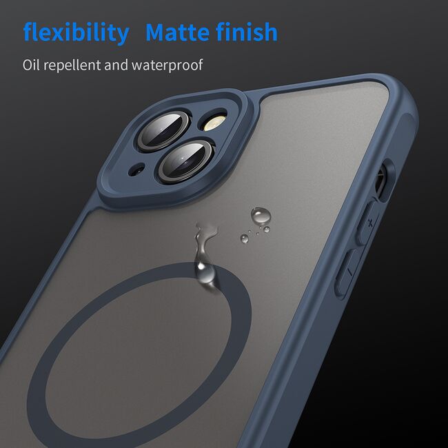 Husa pentru  iPhone 14 Plus cu protectie pentru lentile si MagSafe EasyCharge, Ghost Series Anti-ingalbenire, frosted - Albastru