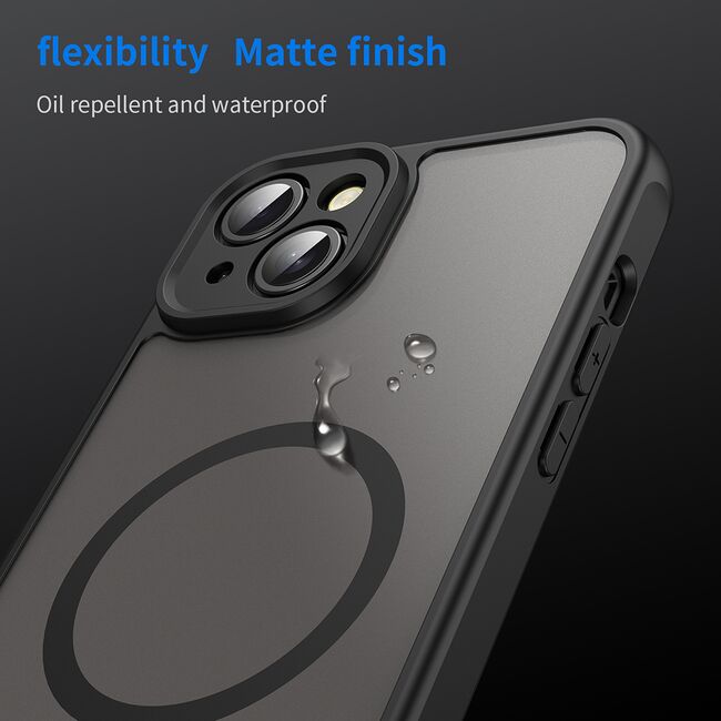 Husa pentru  iPhone 14 Plus cu protectie pentru lentile si MagSafe EasyCharge, Ghost Series Anti-ingalbenire, frosted - Negru