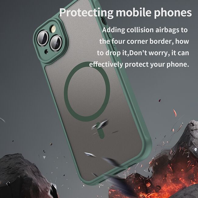 Husa pentru  iPhone 14 Plus cu protectie pentru lentile si MagSafe EasyCharge, Ghost Series Anti-ingalbenire, frosted - Verde
