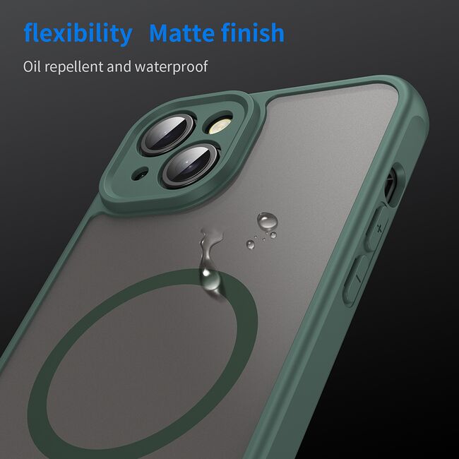 Husa pentru  iPhone 14 Plus cu protectie pentru lentile si MagSafe EasyCharge, Ghost Series Anti-ingalbenire, frosted - Verde