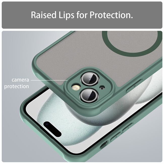 Husa pentru  iPhone 14 Plus cu protectie pentru lentile si MagSafe EasyCharge, Ghost Series Anti-ingalbenire, frosted - Verde