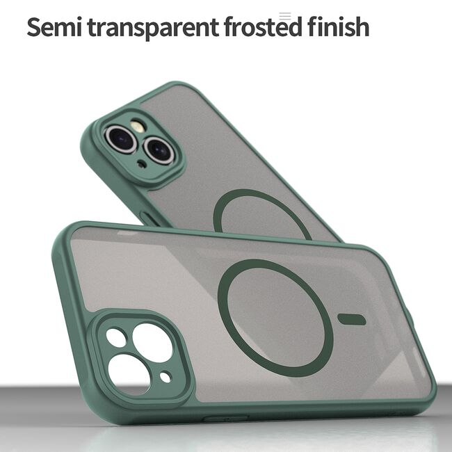 Husa pentru  iPhone 14 Plus cu protectie pentru lentile si MagSafe EasyCharge, Ghost Series Anti-ingalbenire, frosted - Verde