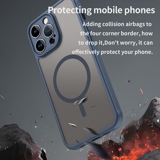 Husa pentru  iPhone 14 Pro  cu protectie pentru lentile si MagSafe EasyCharge, Ghost Series Anti-ingalbenire, frosted - Albastru