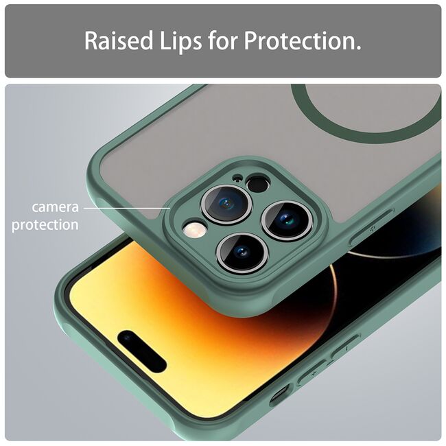 Husa pentru  iPhone 14 Pro  cu protectie pentru lentile si MagSafe EasyCharge, Ghost Series Anti-ingalbenire, frosted - Verde