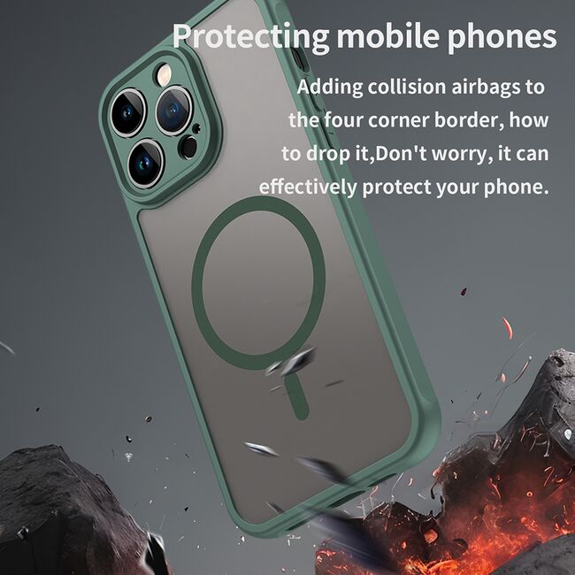 Husa pentru  iPhone 14 Pro  cu protectie pentru lentile si MagSafe EasyCharge, Ghost Series Anti-ingalbenire, frosted - Verde