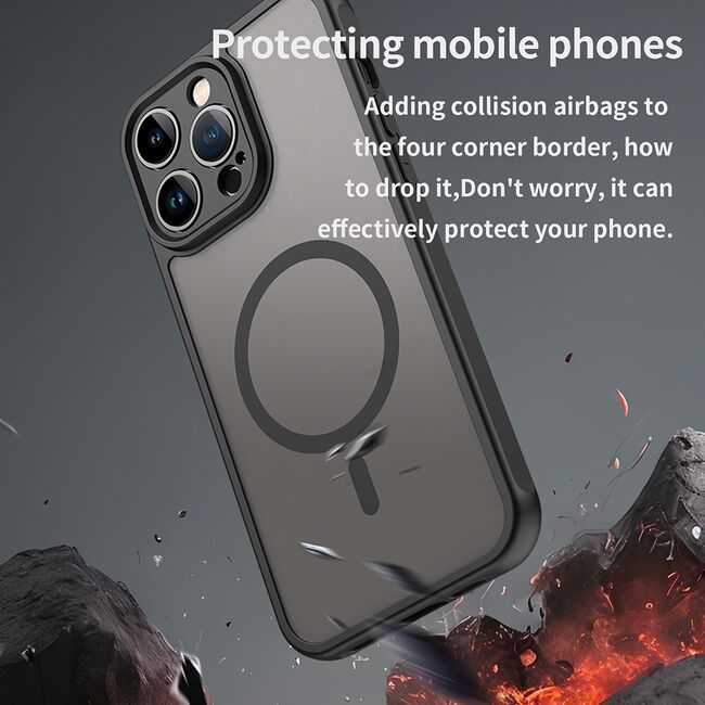 Husa pentru  iPhone 14 Pro Max cu protectie pentru lentile si MagSafe EasyCharge, Ghost Series Anti-ingalbenire, frosted - Negru