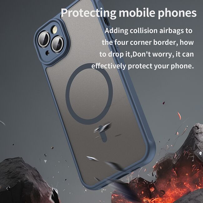 Husa pentru  iPhone 14 cu protectie pentru lentile si MagSafe EasyCharge, Ghost Series Anti-ingalbenire, frosted - Albastru
