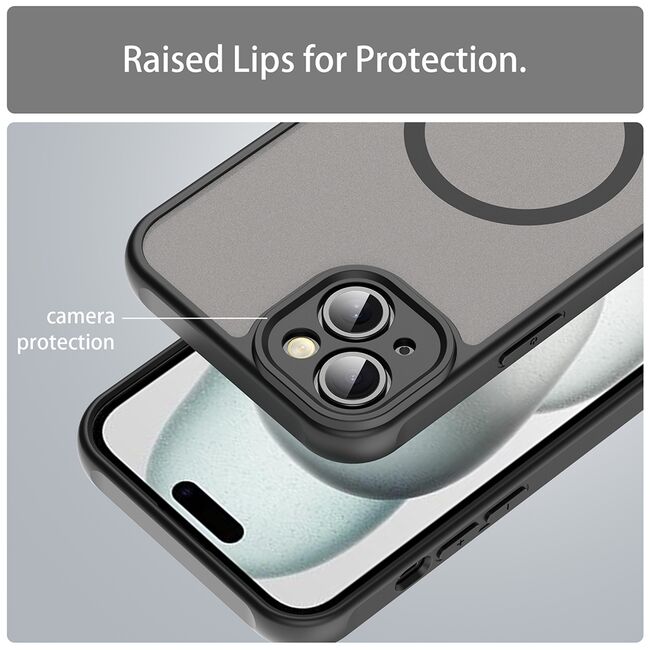 Husa pentru  iPhone 14 cu protectie pentru lentile si MagSafe EasyCharge, Ghost Series Anti-ingalbenire, frosted - Negru