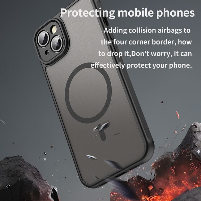 Husa pentru  iPhone 14 cu protectie pentru lentile si MagSafe EasyCharge, Ghost Series Anti-ingalbenire, frosted - Negru