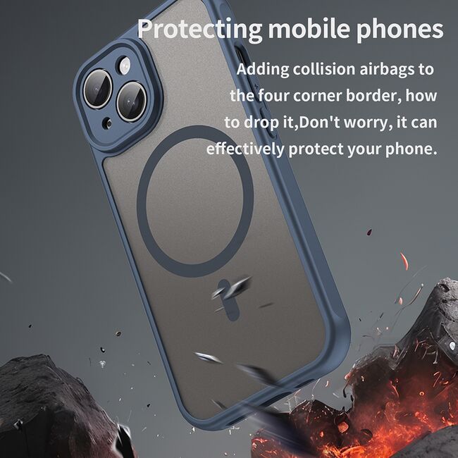 Husa pentru  iPhone 15 Plus cu protectie pentru lentile si MagSafe EasyCharge, Ghost Series Anti-ingalbenire, frosted - Albastru