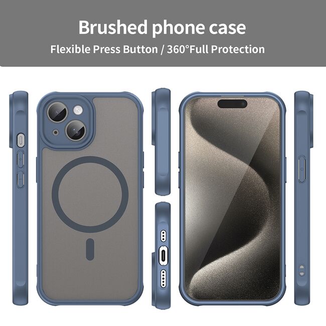 Husa pentru  iPhone 15 Plus cu protectie pentru lentile si MagSafe EasyCharge, Ghost Series Anti-ingalbenire, frosted - Albastru